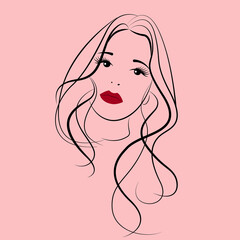 Fashion and leisure. In the contours of the face of a certain young pretty woman. Thin linear vector illustration on a pink background.