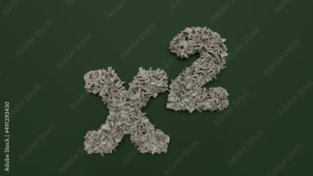 Aufkleber 3d rendering of dollar cash rolls and stacks in shape of symbol of superscript on green background