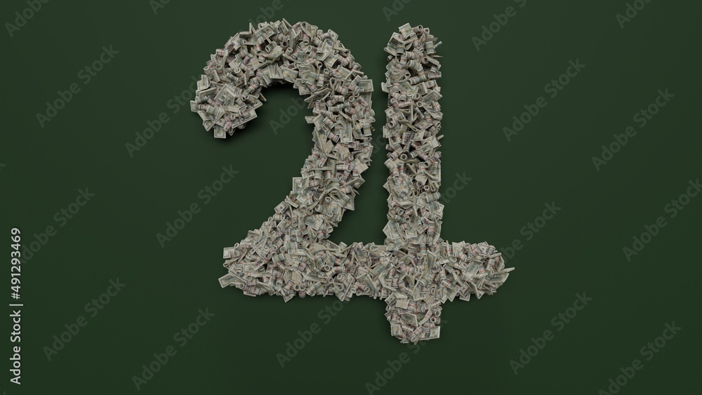 Poster 3d rendering of dollar cash rolls and stacks in shape of symbol of jupiter symbol on green backgroun