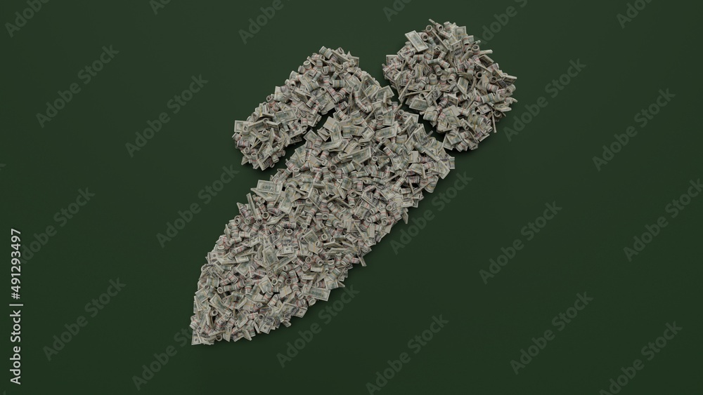 Poster 3d rendering of dollar cash rolls and stacks in shape of symbol of pen alt on green background
