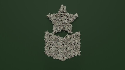 3d rendering of dollar cash rolls and stacks in shape of symbol of military rank on green background