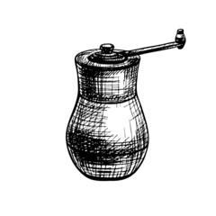 Wood pepper mill. Vector vintage hatching color illustration. Isolated on white