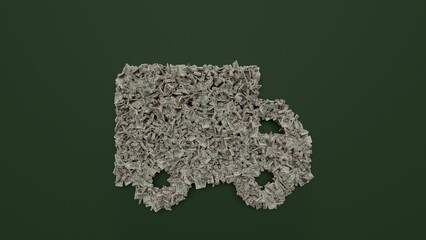 3d rendering of dollar cash rolls and stacks in shape of symbol of truck on green background