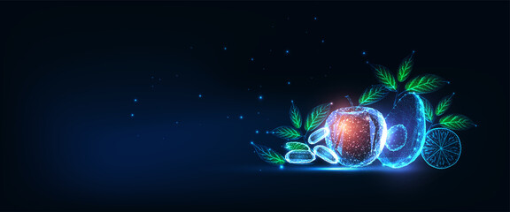 Futuristic fruits and vegetables banner with glowing low polygonal isolated on dark blue background.