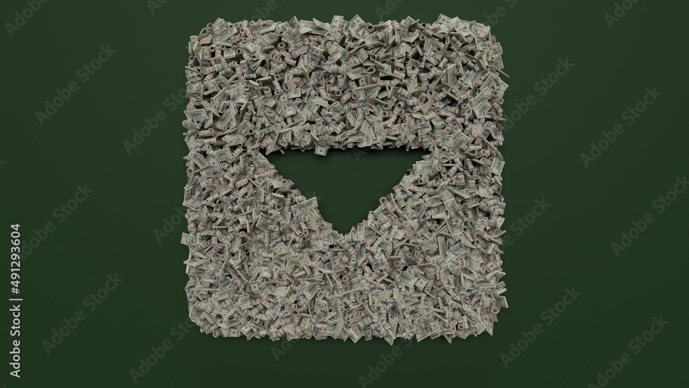 Aufkleber 3d rendering of dollar cash rolls and stacks in shape of symbol of caret square down on green backgr
