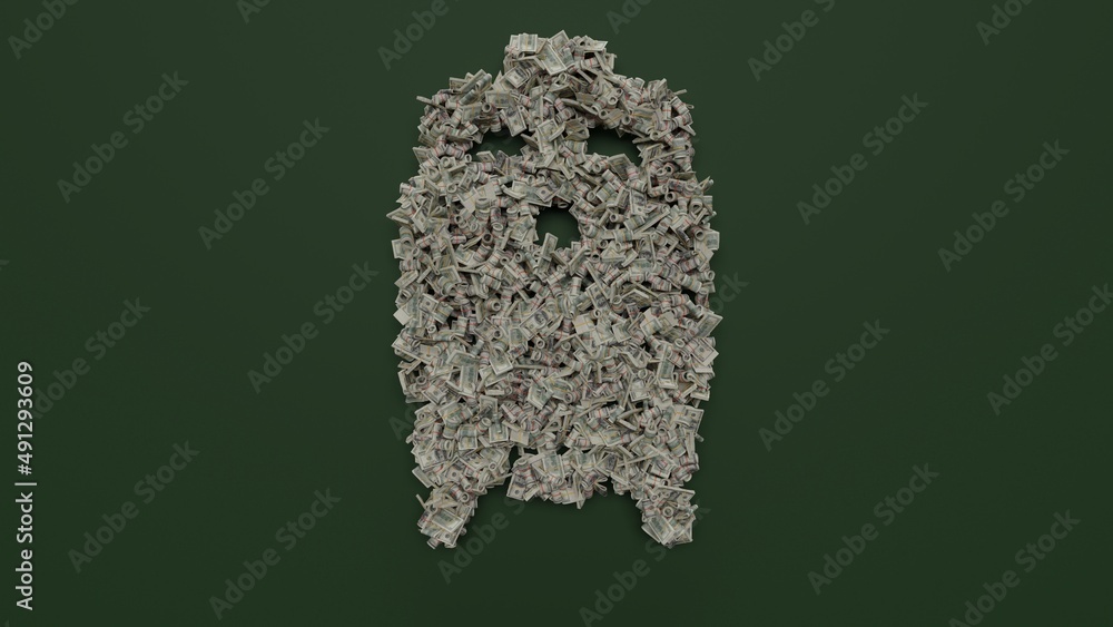 Poster 3d rendering of dollar cash rolls and stacks in shape of symbol of train front view on green backgro