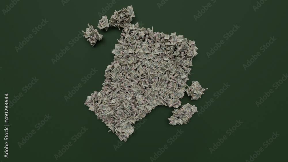 Poster 3d rendering of dollar cash rolls and stacks in shape of symbol of cleaning on green background
