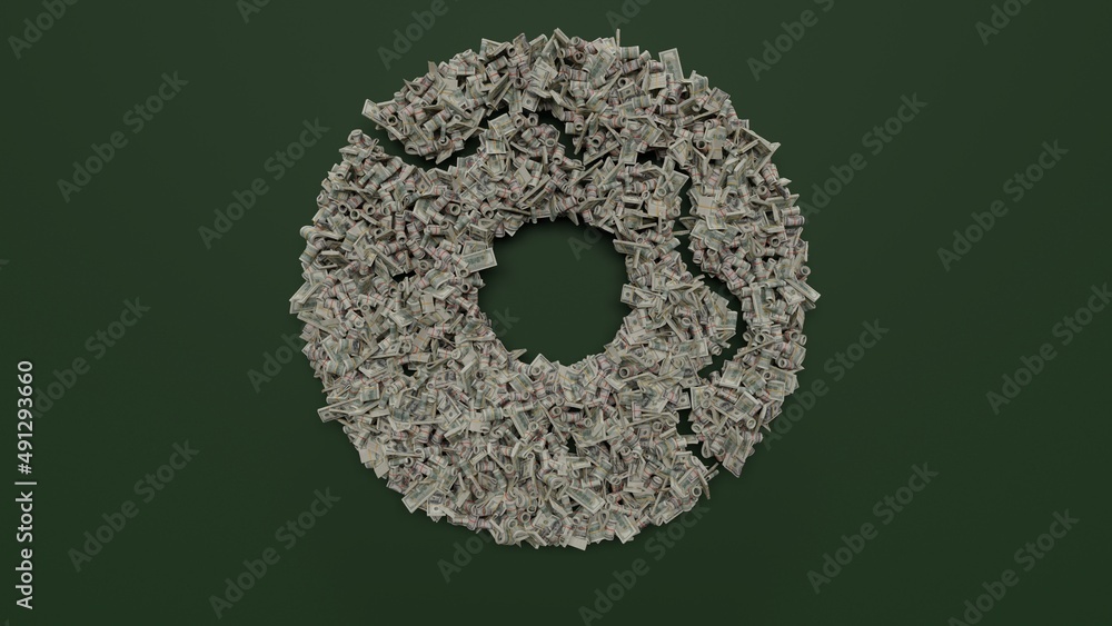 Poster 3d rendering of dollar cash rolls and stacks in shape of symbol of donut on green background