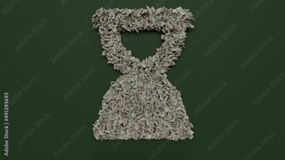 Poster 3d rendering of dollar cash rolls and stacks in shape of symbol of hourglass end on green background