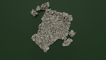 3d rendering of dollar cash rolls and stacks in shape of symbol of cleaning on green background