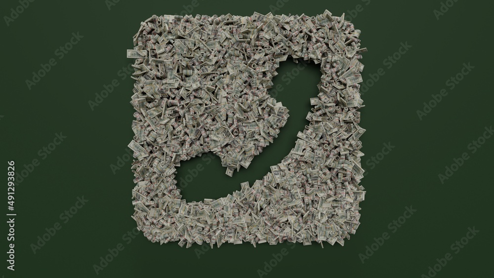 Poster 3d rendering of dollar cash rolls and stacks in shape of symbol of phone square on green background