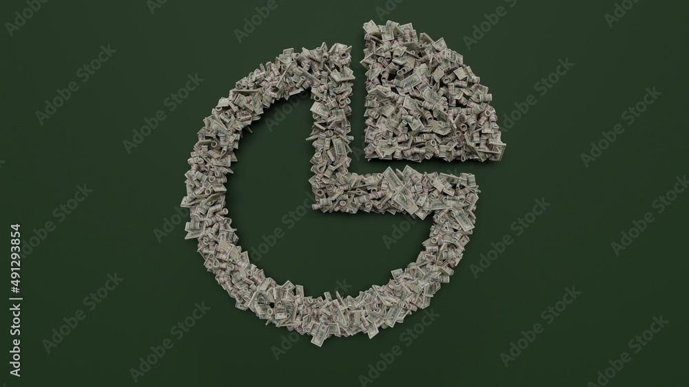 Poster 3d rendering of dollar cash rolls and stacks in shape of symbol of pie chart on green background