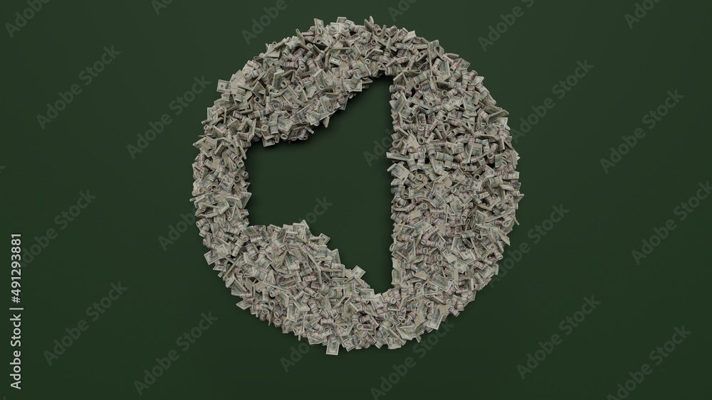 Poster 3d rendering of dollar cash rolls and stacks in shape of symbol of speaker on green background