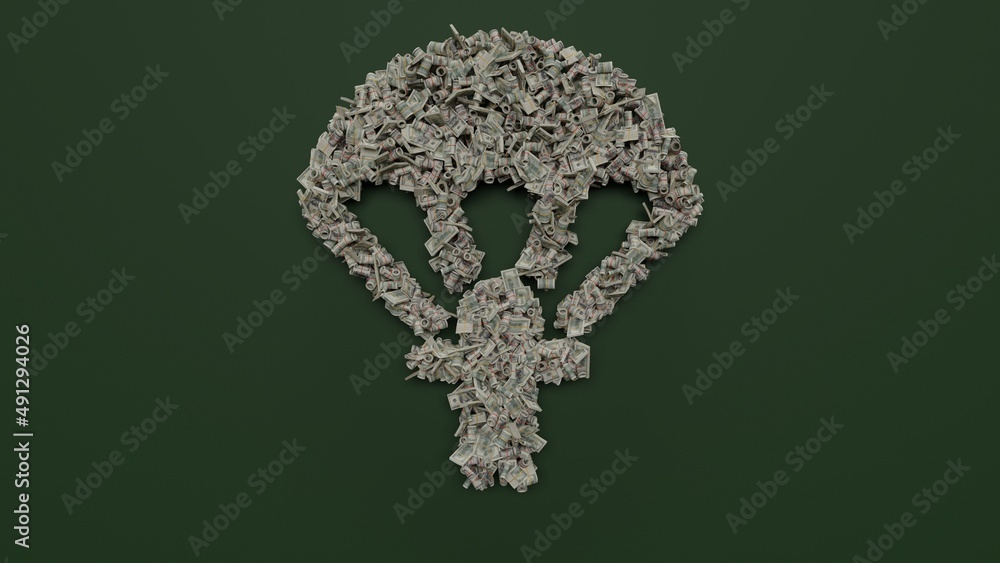 Poster 3d rendering of dollar cash rolls and stacks in shape of symbol of parachute on green background