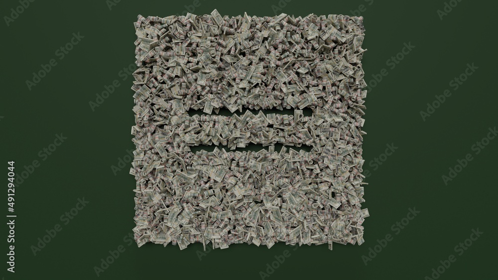 Aufkleber 3d rendering of dollar cash rolls and stacks in shape of symbol of equal on green background