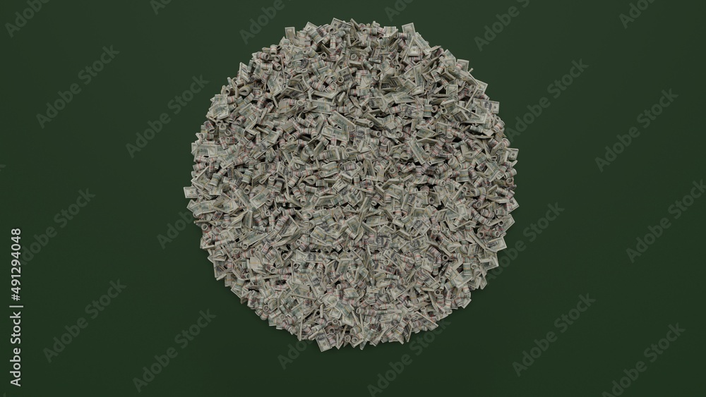 Poster 3d rendering of dollar cash rolls and stacks in shape of symbol of menu on green background