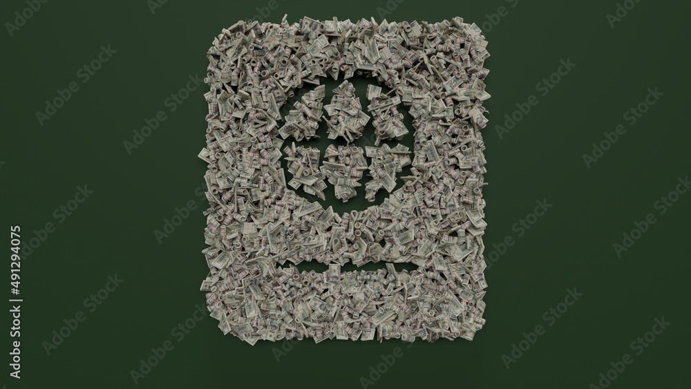 Poster 3d rendering of dollar cash rolls and stacks in shape of symbol of passport on green background