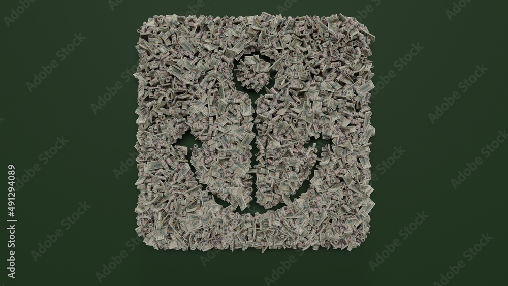 Poster 3d rendering of dollar cash rolls and stacks in shape of symbol of port on green background