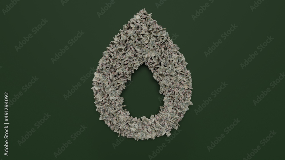Poster 3d rendering of dollar cash rolls and stacks in shape of symbol of flame on green background