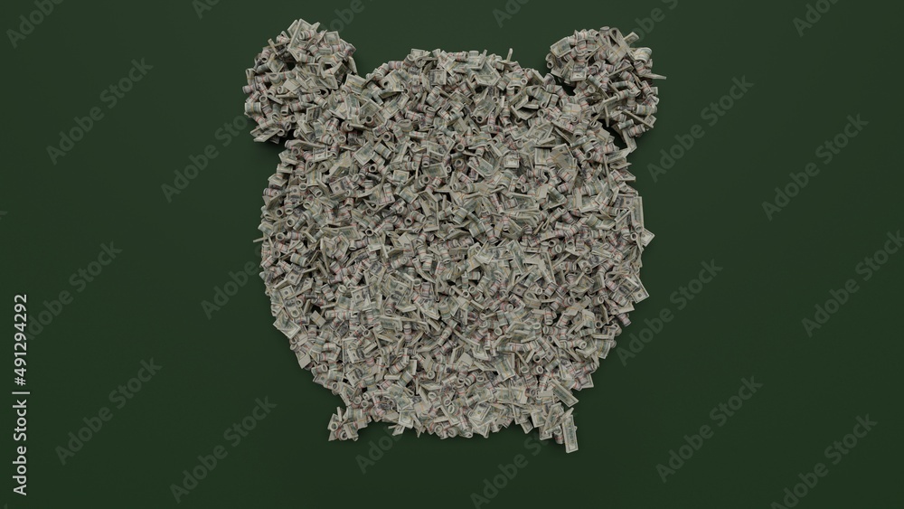 Poster 3d rendering of dollar cash rolls and stacks in shape of symbol of alarm clock on green background
