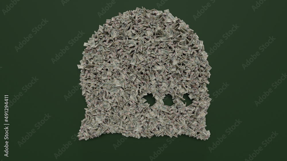 Aufkleber 3d rendering of dollar cash rolls and stacks in shape of symbol of two rounded chat bubble on green 