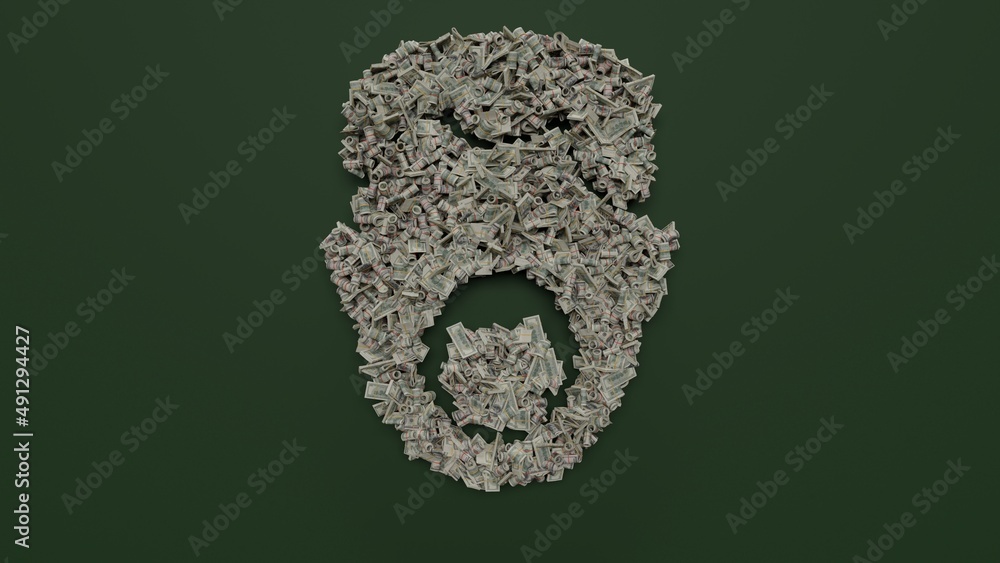 Poster 3d rendering of dollar cash rolls and stacks in shape of symbol of respirator on green background