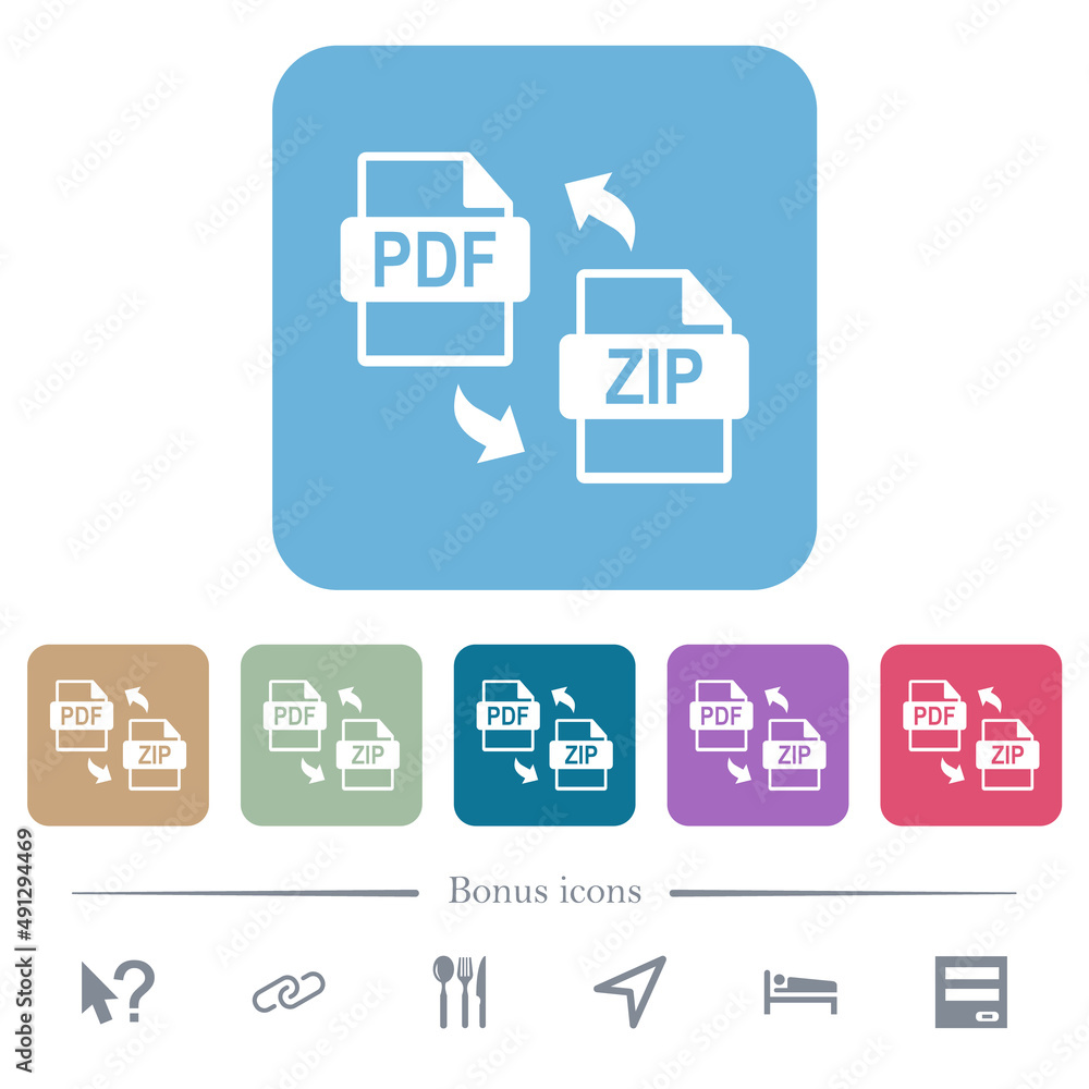 Poster pdf zip file compression flat icons on color rounded square backgrounds