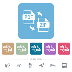 PDF ZIP file compression flat icons on color rounded square backgrounds