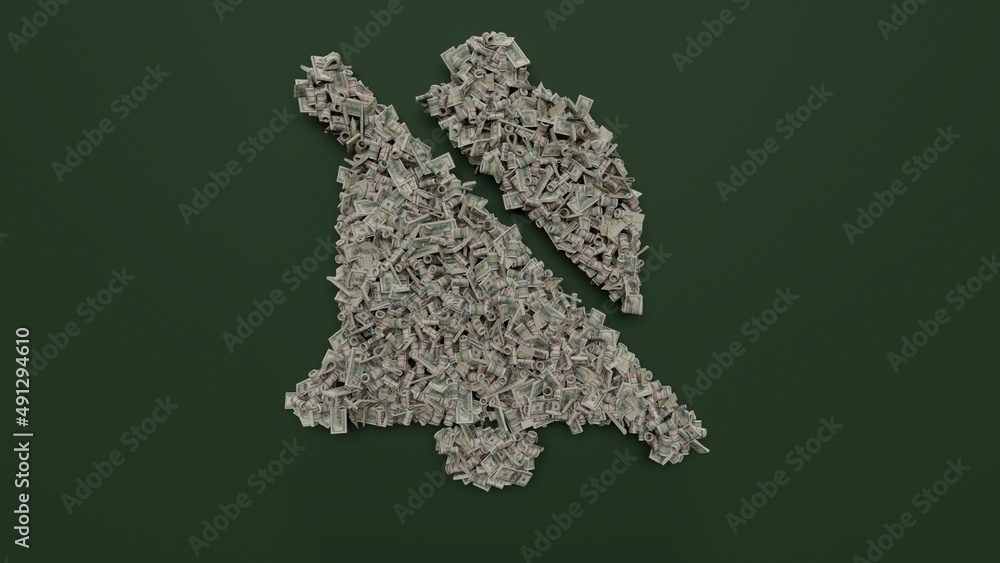 Poster 3d rendering of dollar cash rolls and stacks in shape of symbol of sound on green background