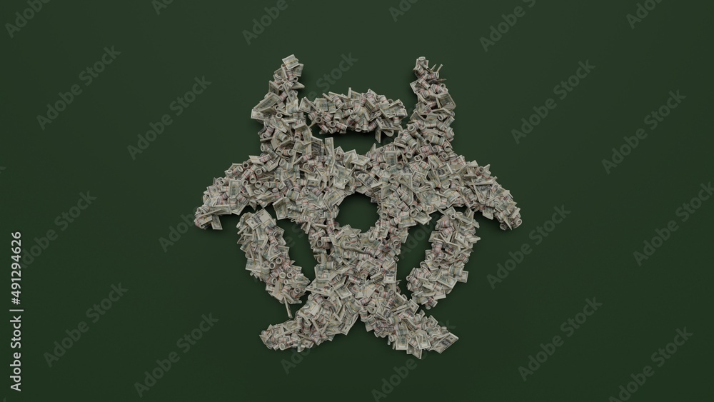 Poster 3d rendering of dollar cash rolls and stacks in shape of symbol of biohazard on green background
