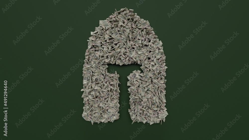 Poster 3d rendering of dollar cash rolls and stacks in shape of symbol of medieval helmet on green backgrou