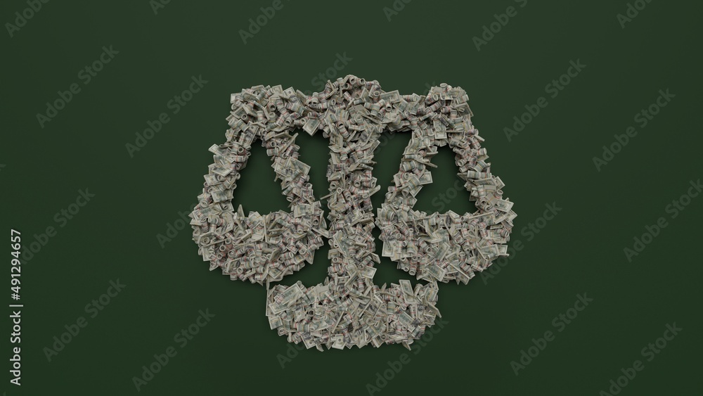 Poster 3d rendering of dollar cash rolls and stacks in shape of symbol of balance on green background
