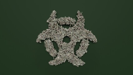 3d rendering of dollar cash rolls and stacks in shape of symbol of biohazard on green background