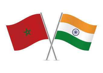 Morocco and India crossed flags. Moroccan and Indian flags, isolated on white background. Vector icon set. Vector illustration.