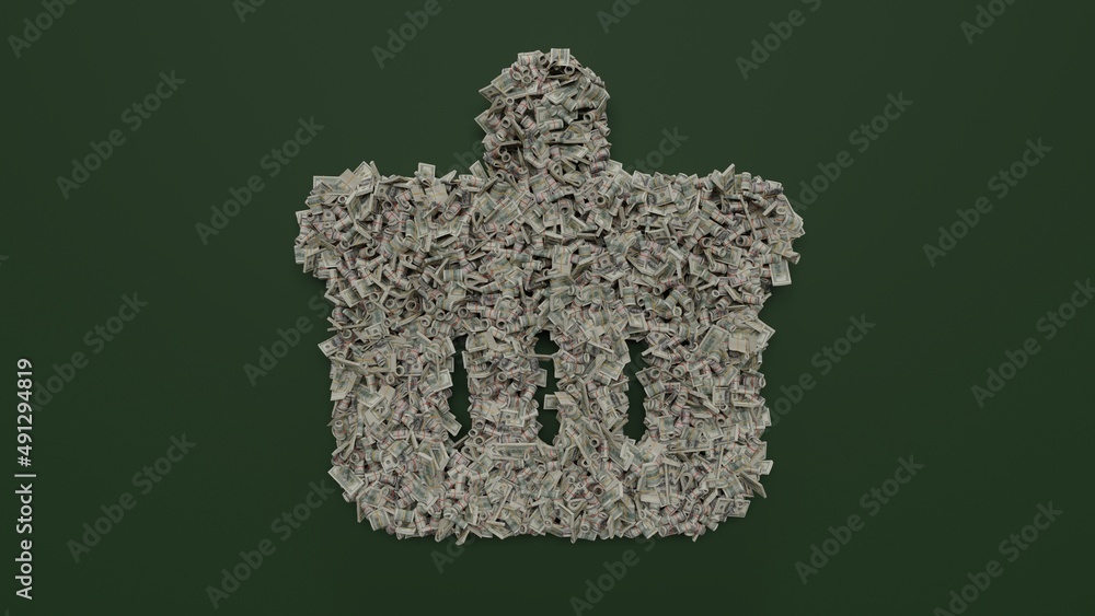 Poster 3d rendering of dollar cash rolls and stacks in shape of symbol of basket on green background