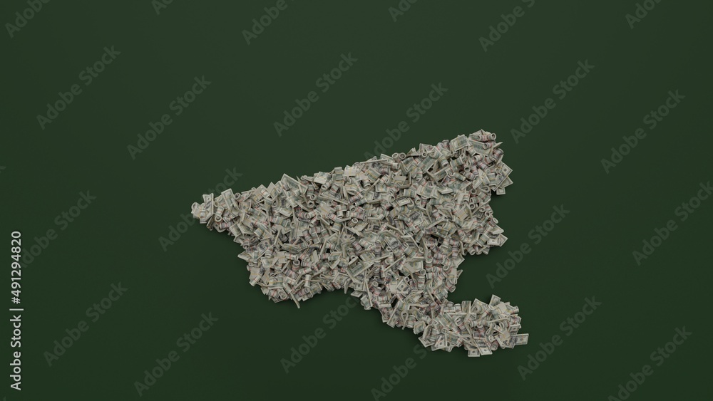 Poster 3d rendering of dollar cash rolls and stacks in shape of symbol of camera on green background
