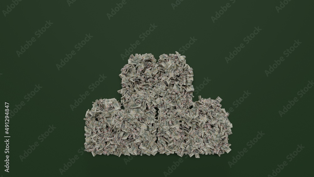 Poster 3d rendering of dollar cash rolls and stacks in shape of symbol of blocks on green background