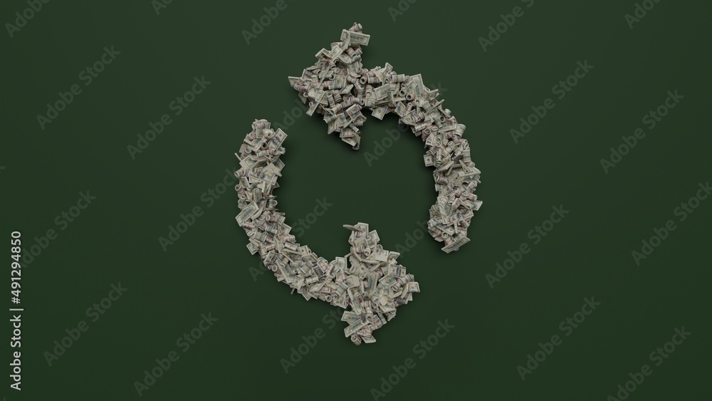 Poster 3d rendering of dollar cash rolls and stacks in shape of symbol of load on green background
