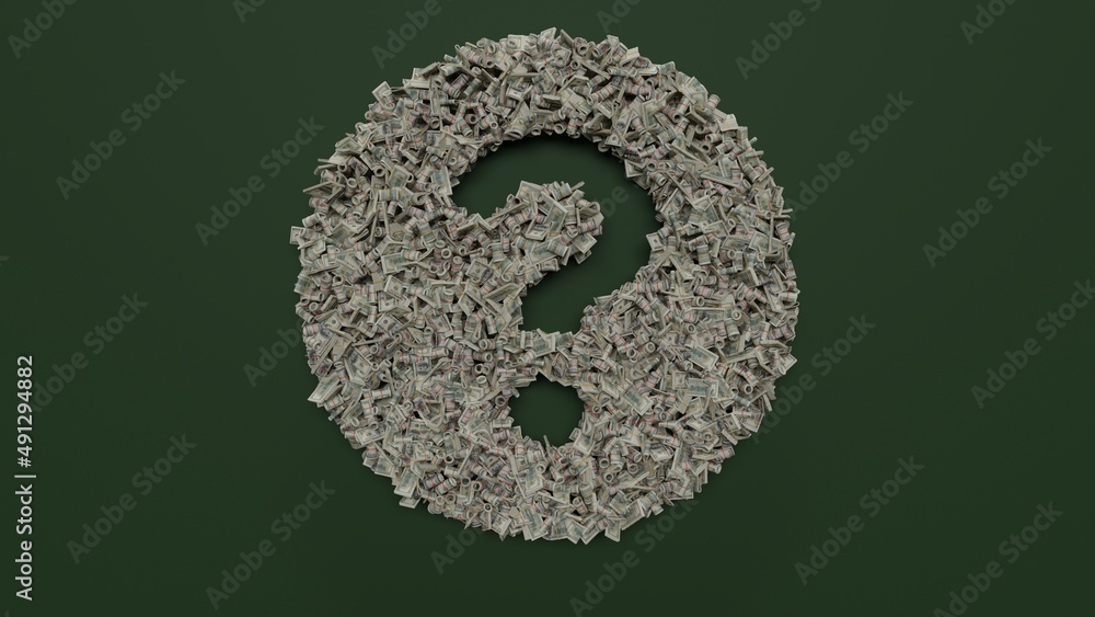 Aufkleber 3d rendering of dollar cash rolls and stacks in shape of symbol of question circle on green backgrou