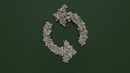 3d rendering of dollar cash rolls and stacks in shape of symbol of load on green background
