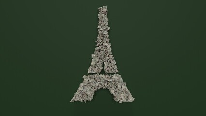 3d rendering of dollar cash rolls and stacks in shape of symbol of Eiffel tower on green background
