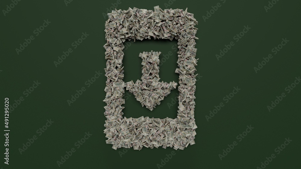 Poster 3d rendering of dollar cash rolls and stacks in shape of symbol of mobile phone on green background