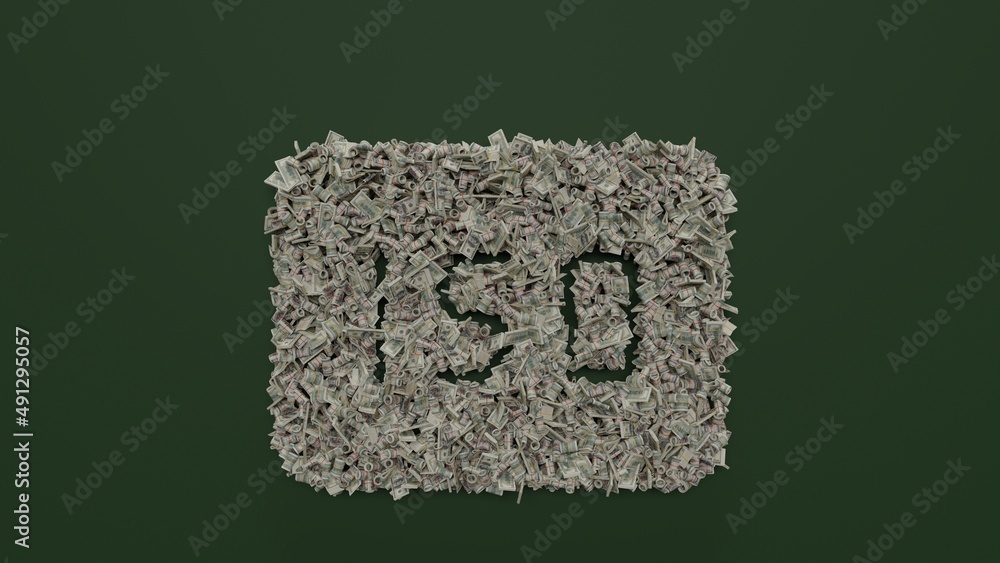 Poster 3d rendering of dollar cash rolls and stacks in shape of symbol of iso camera on green background