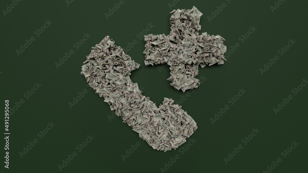 Poster 3d rendering of dollar cash rolls and stacks in shape of symbol of phone call on green background