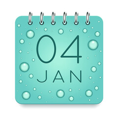 04 day of month. January. Calendar daily icon. Date day week Sunday, Monday, Tuesday, Wednesday, Thursday, Friday, Saturday. Dark Blue text. Cut paper. Water drop dew raindrops. Vector illustration.