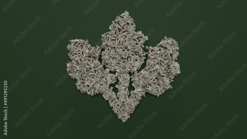 Poster 3d rendering of dollar cash rolls and stacks in shape of symbol of wheat on green background