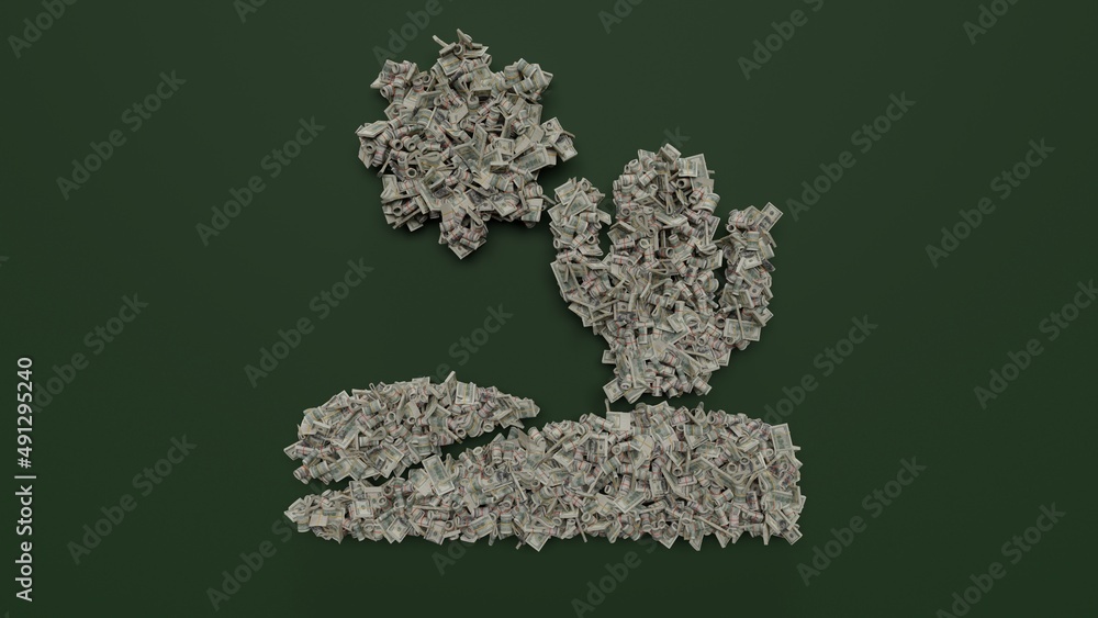 Poster 3d rendering of dollar cash rolls and stacks in shape of symbol of desert on green background