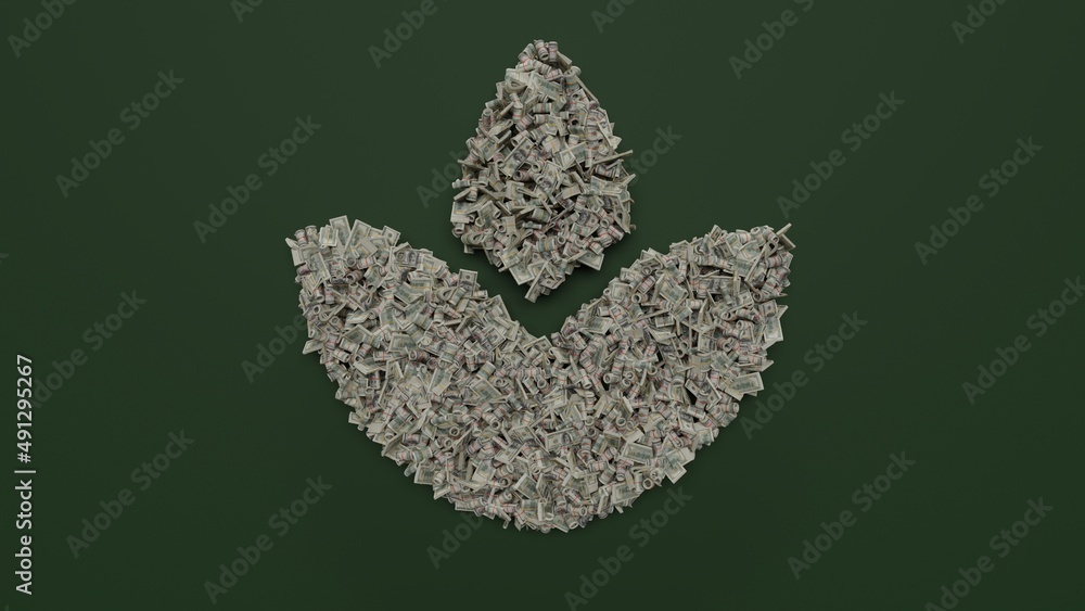 Poster 3d rendering of dollar cash rolls and stacks in shape of symbol of lotus on green background