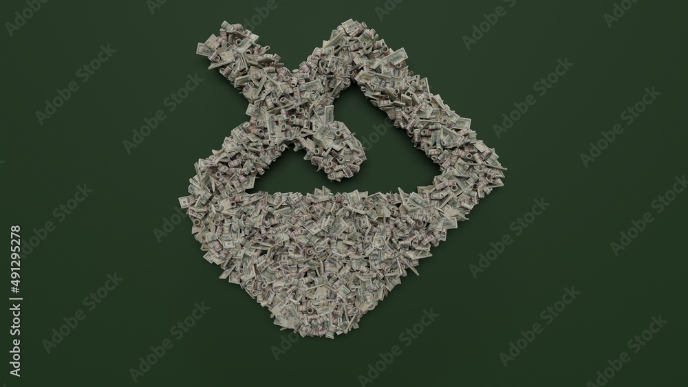 Poster 3d rendering of dollar cash rolls and stacks in shape of symbol of fill on green background