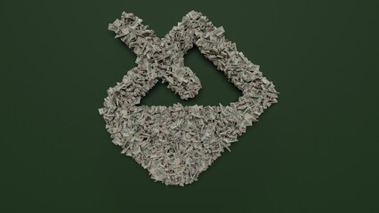 3d rendering of dollar cash rolls and stacks in shape of symbol of fill on green background